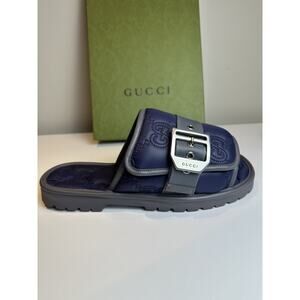 NIB Authentic Gucci Men's Sandals Blue Nylon Slides Size UK9 US9.5